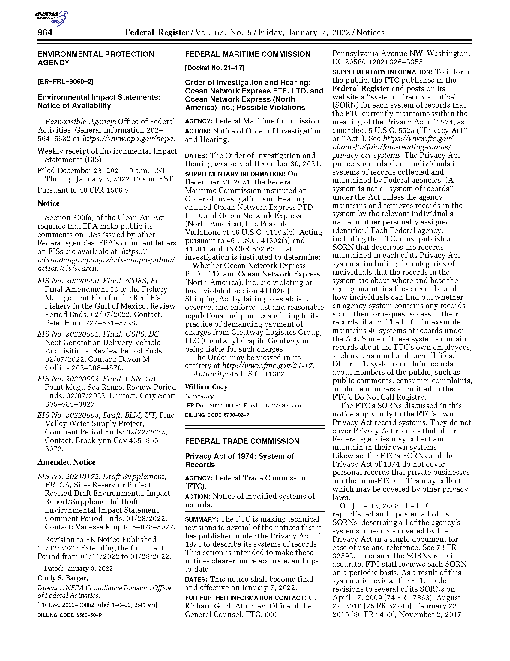 Federal Register Notice of Availability of the Final EIS/OEIS (2022-00082) (January 2022)