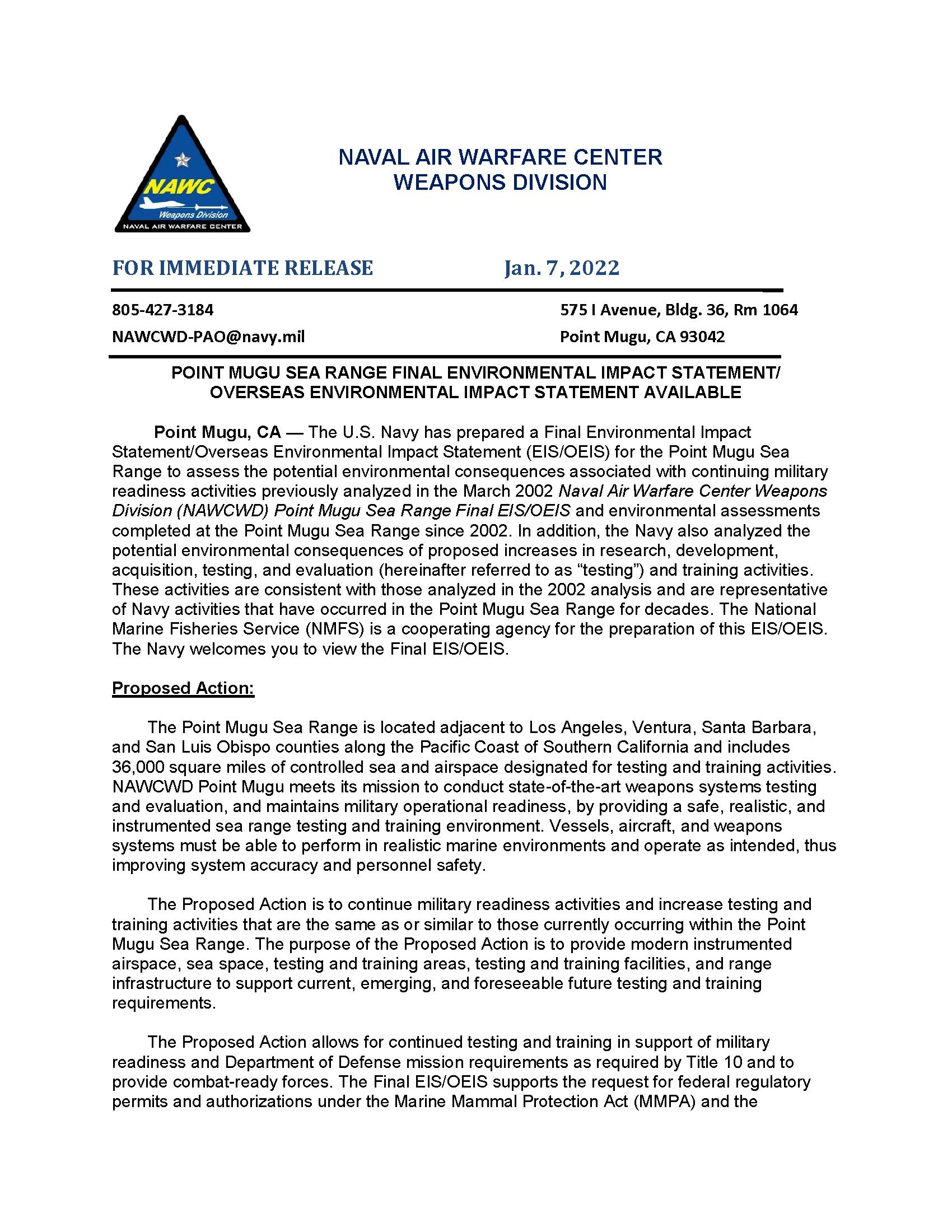 Final EIS/OEIS Notice of Availability Press Release (January 2022)